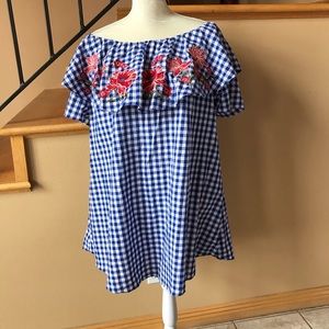 Umgee embroidered off shoulder dress blue check L